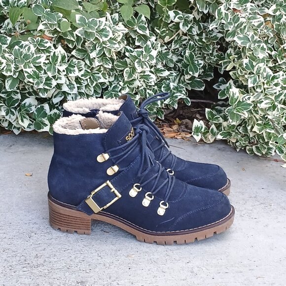 Spoto Dark Blue Navy Lace Up Zip Suede Leather Ankle Booties Boots Like New - Picture 1 of 6